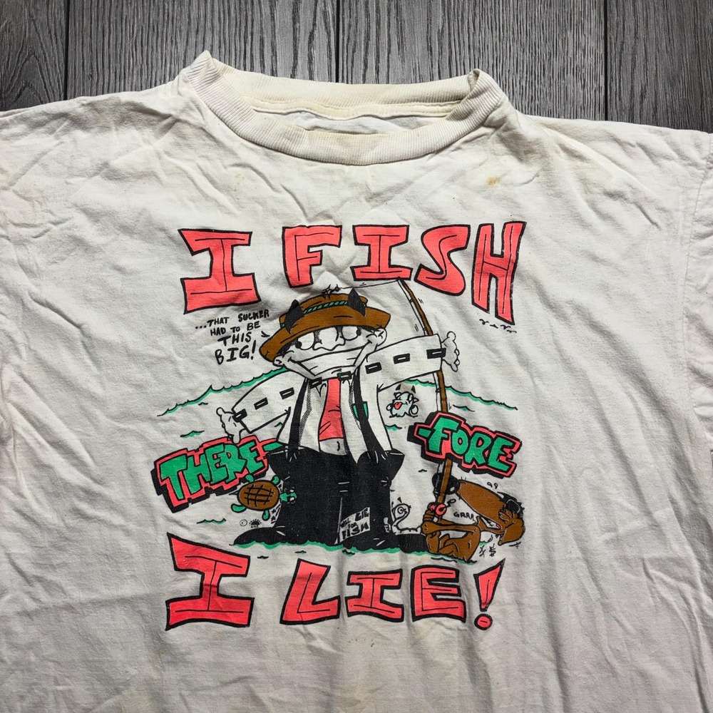 Vintage Fishing T Shirt Medium I Fish I Lie Funny White Cartoon Graphic - Picture 2 of 9
